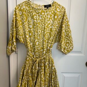 Aakaa White and Yellow Floral Tie-Waist Midi Dress